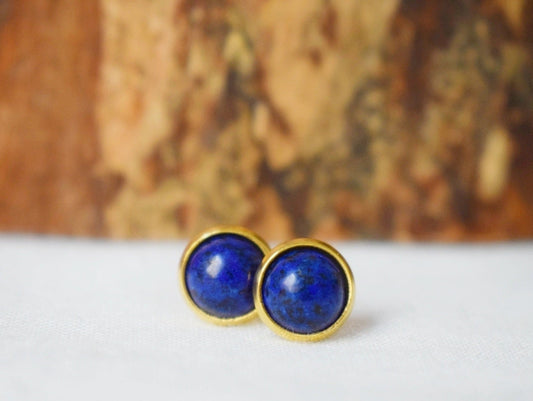 Lapis Stud Earrings Gold, Blue Lapis Earrings Gold, Round, Minimalist, 8mm, Lapis Lazuli Jewelry, September Birthstone, Handmade Jewelry