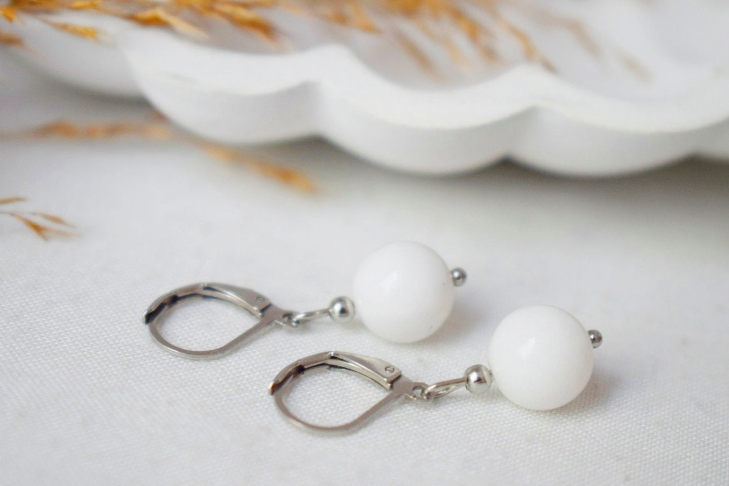 White jade earrings sterling silver 925, Huggie earrings with gemstone, Stone hoop earrings, Bead lever back earrings, Silver jewelry gift