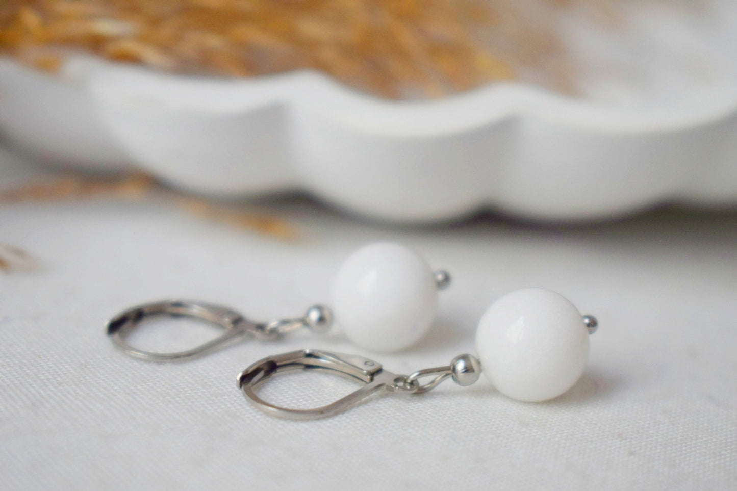 White jade earrings sterling silver 925, Huggie earrings with gemstone, Stone hoop earrings, Bead lever back earrings, Silver jewelry gift