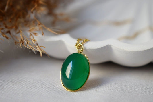 Green Agate Necklace Gold, Oval Gemstone Pendant Necklace For Women, Long Green Stone Statement Necklace, Agate Jewelry, Gift For Her