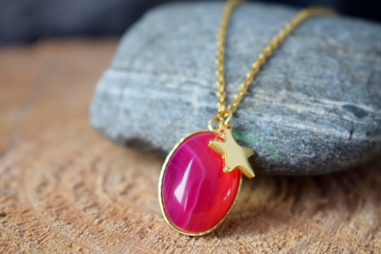 Necklace Banded pink agate, Gemstone necklace with star charm for women, Stone pendant, Boho jewelry, Unique Christmas gift for her