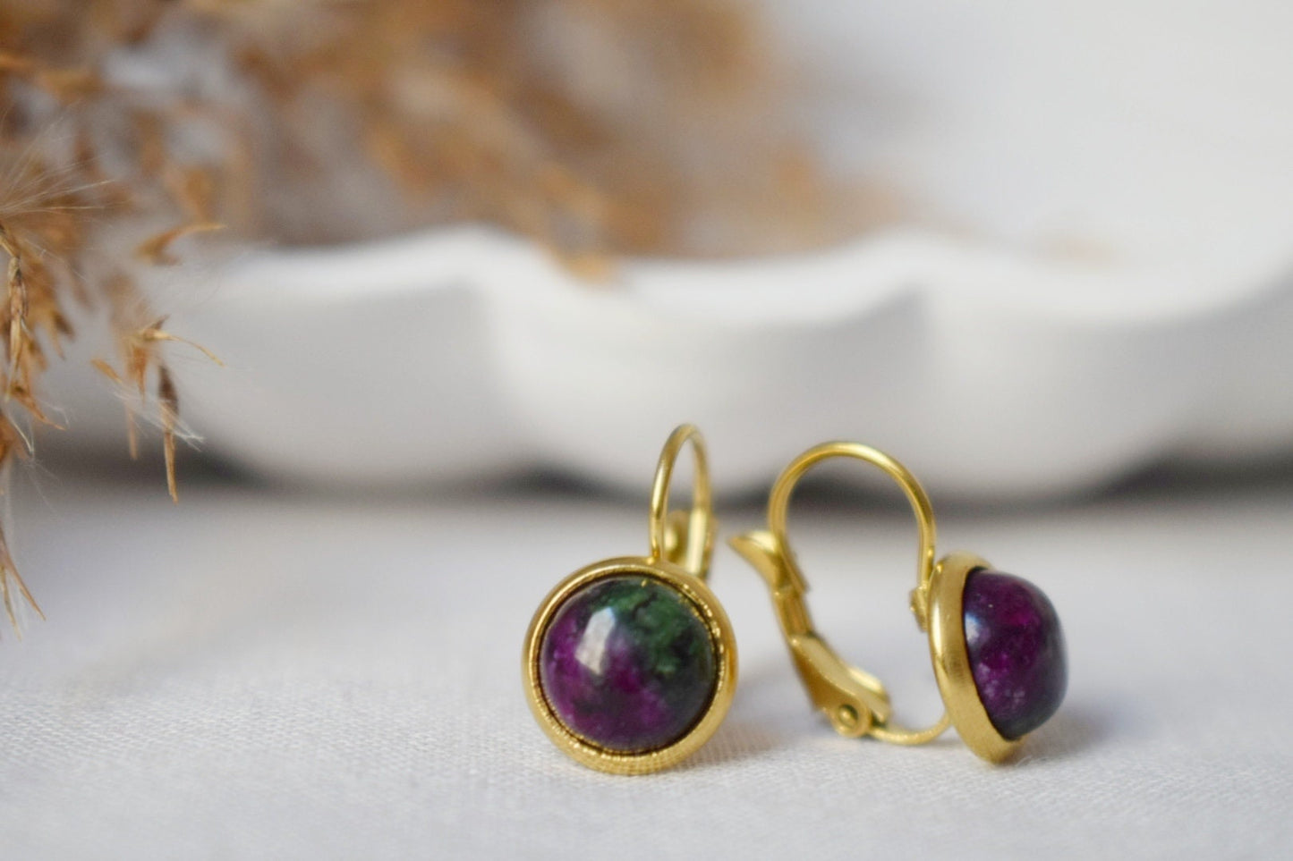 Small Ruby In Zoisite Gold Earrings, Gemstone Dangle Earrings, Lever back, Stone, Green, Pink, 8mm, Round, Ruby Fuchsite, Hanging earrings