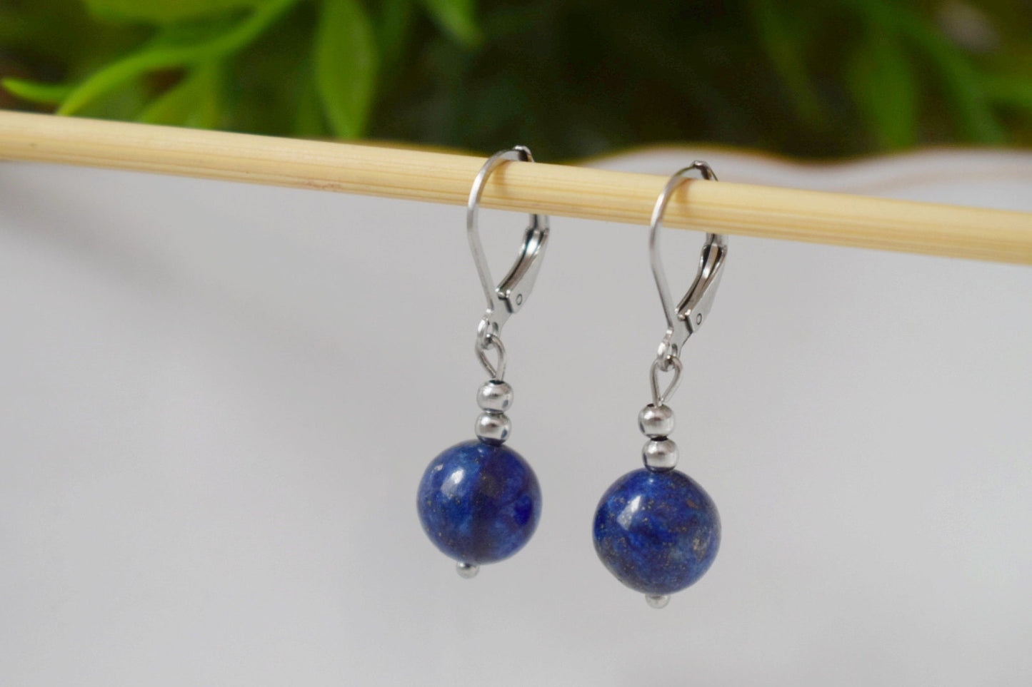 Earrings Lapis Lazuli Silver, Gemstone Blue Bead, Hoops, Lever Back, September Birthstone, Hanging ball stone earrings, Jewelry gift for her