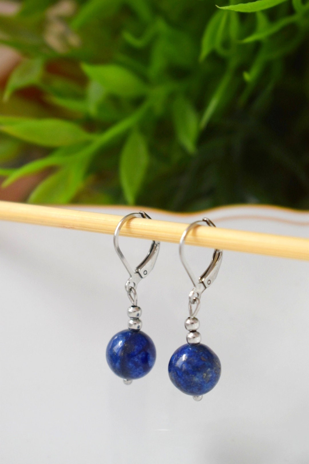 Earrings Lapis Lazuli Silver, Gemstone Blue Bead, Hoops, Lever Back, September Birthstone, Hanging ball stone earrings, Jewelry gift for her