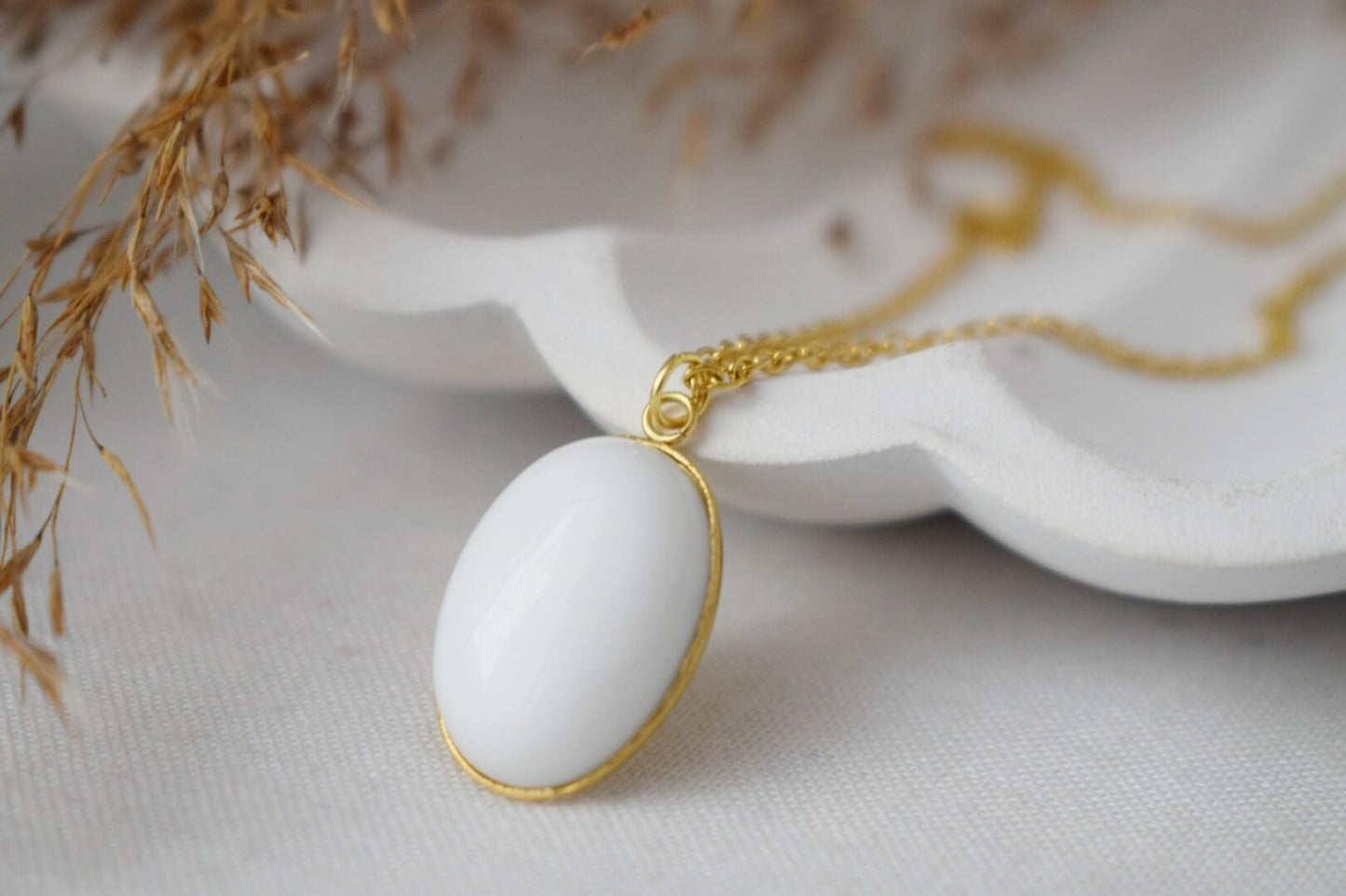 White jade necklace gold for women, White gemstone oval gold necklace, Long gold necklace, Jade pendant, Handmade jewelry, Gift gift for her