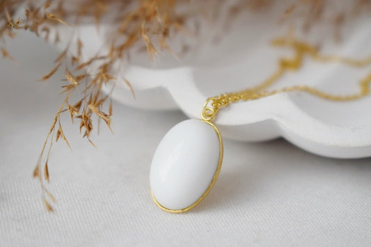 White jade necklace gold for women, White gemstone oval gold necklace, Long gold necklace, Jade pendant, Handmade jewelry, Gift gift for her