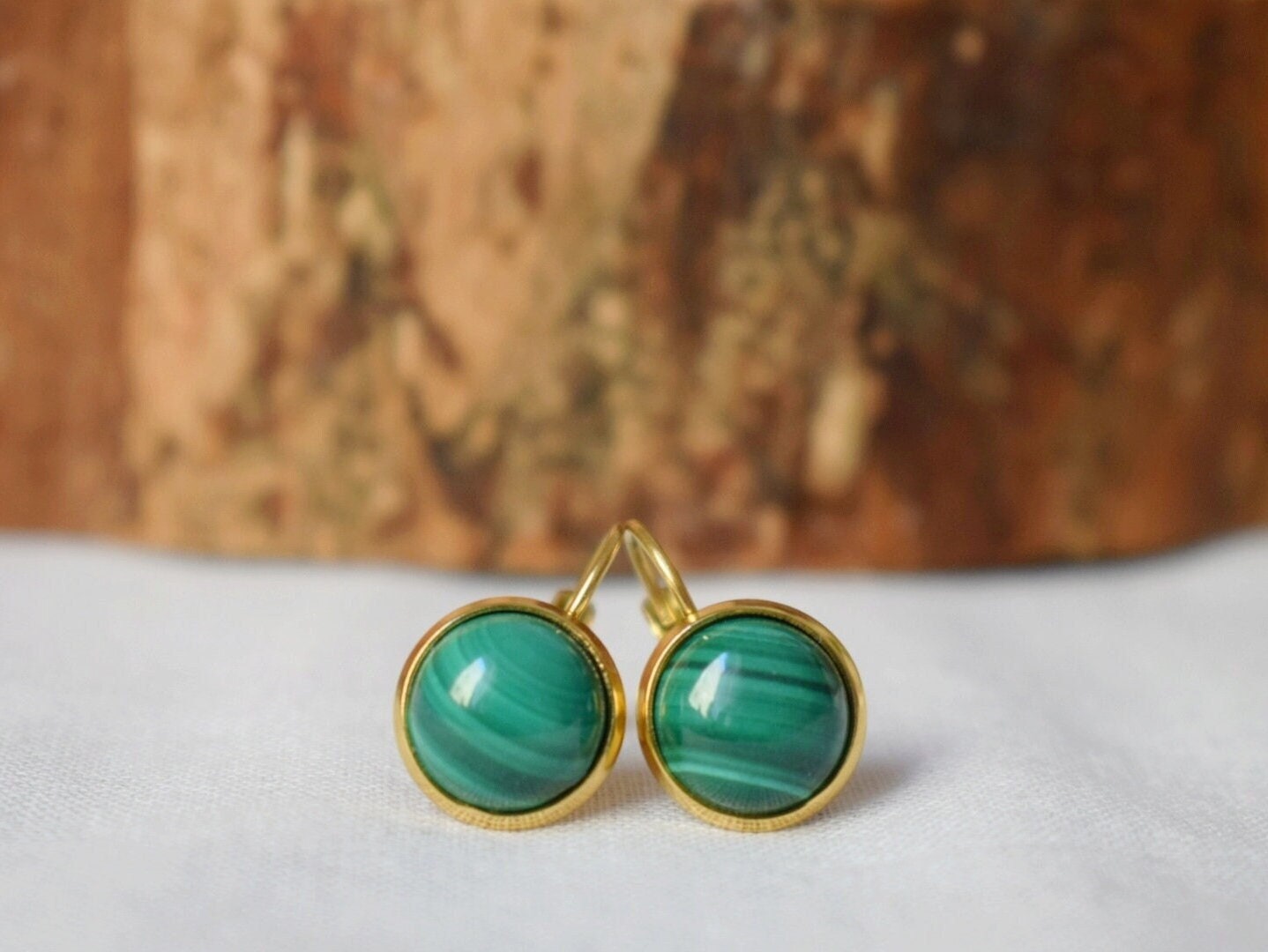 Natural Malachite Earrings Gold, 10mm Dangle Earrings, Small, Minimalist, Green Gemstone, Lever back, Malachite Jewelry, Birthstone Earrings