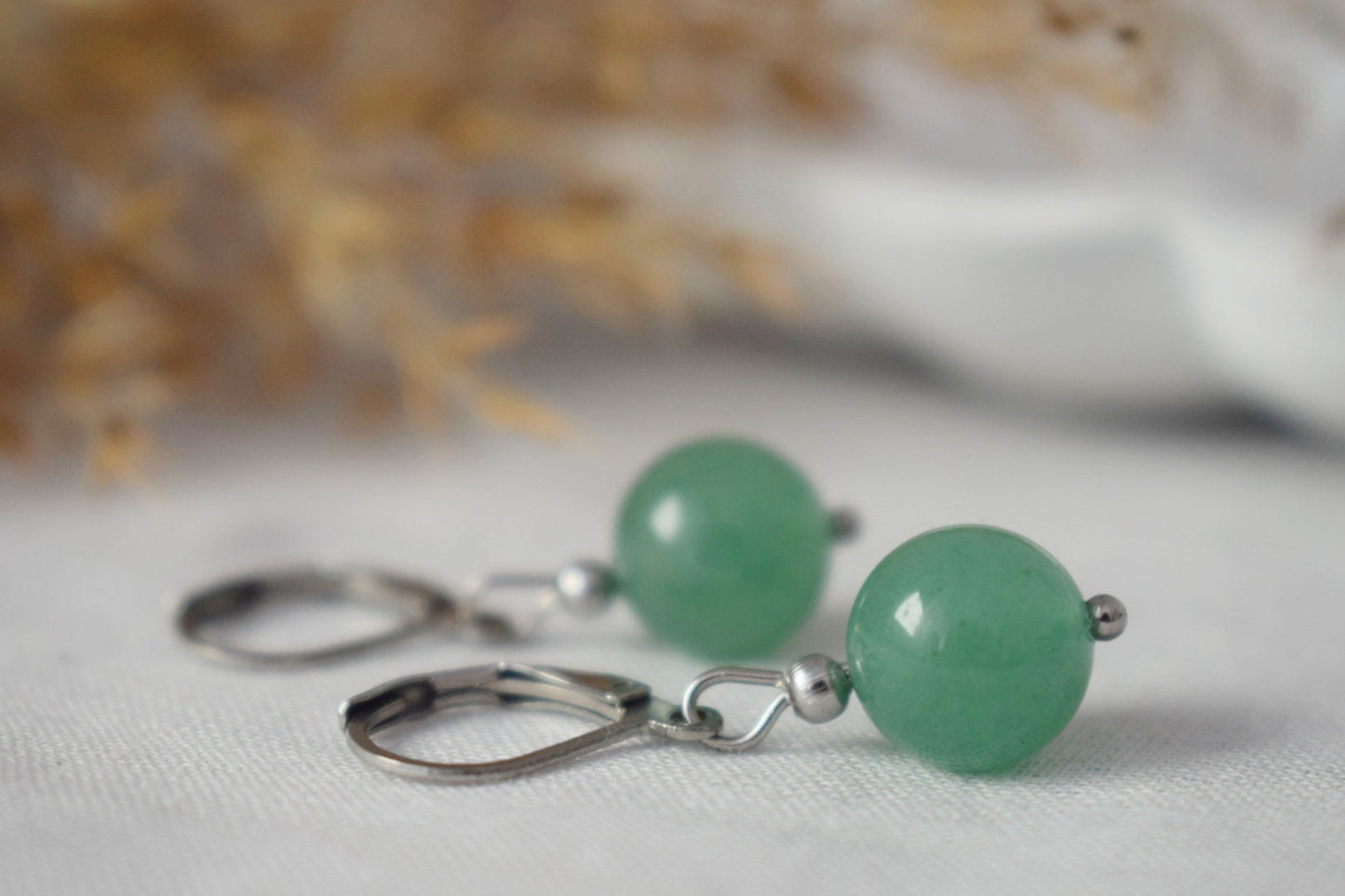 Sterling Silver Dangling Hoop Earrings with Green Gemstone Aventurine, Bead Huggies, Hanging Ball Stone Earrings, Jewelry Gift For Her