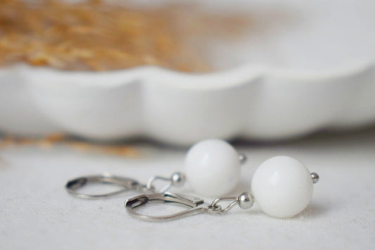 White jade earrings sterling silver 925, Huggie earrings with gemstone, Stone hoop earrings, Bead lever back earrings, Silver jewelry gift