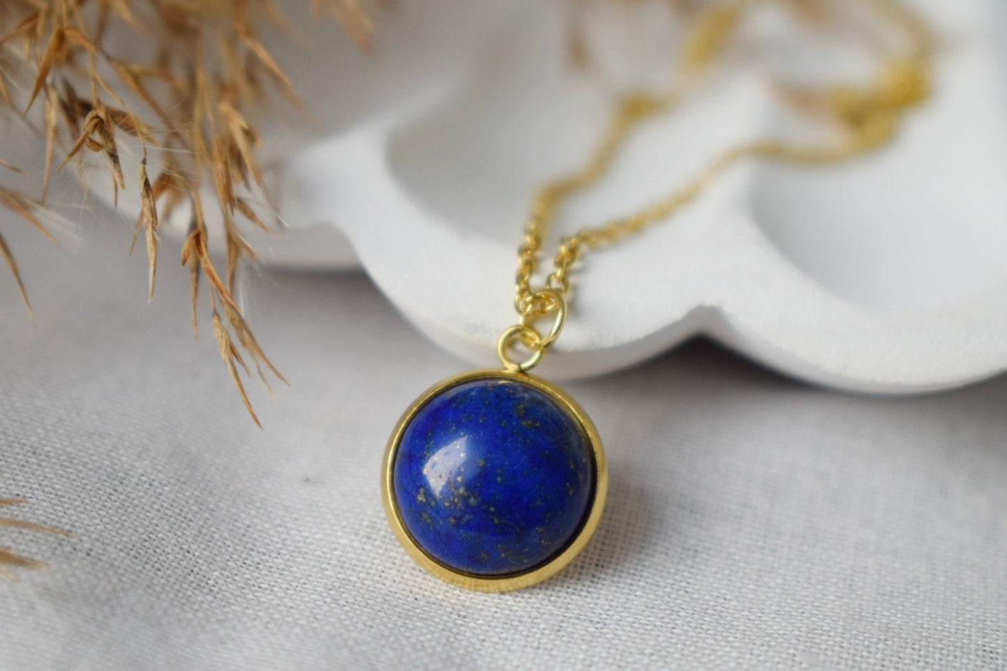 Lapis Lazuli Gold Necklace, Blue Round Gemstone Pendant, Stone, September Birthstone, Cabochon, Lapis lazuli jewelry, Birthday Gift For Her