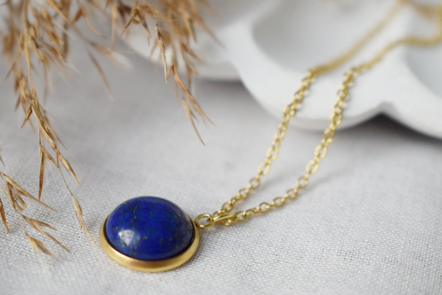 Lapis Lazuli Gold Necklace, Blue Round Gemstone Pendant, Stone, September Birthstone, Cabochon, Lapis lazuli jewelry, Birthday Gift For Her