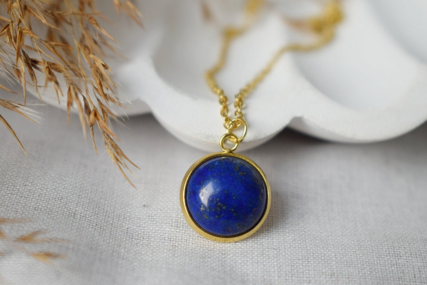 Lapis Lazuli Gold Necklace, Blue Round Gemstone Pendant, Stone, September Birthstone, Cabochon, Lapis lazuli jewelry, Birthday Gift For Her