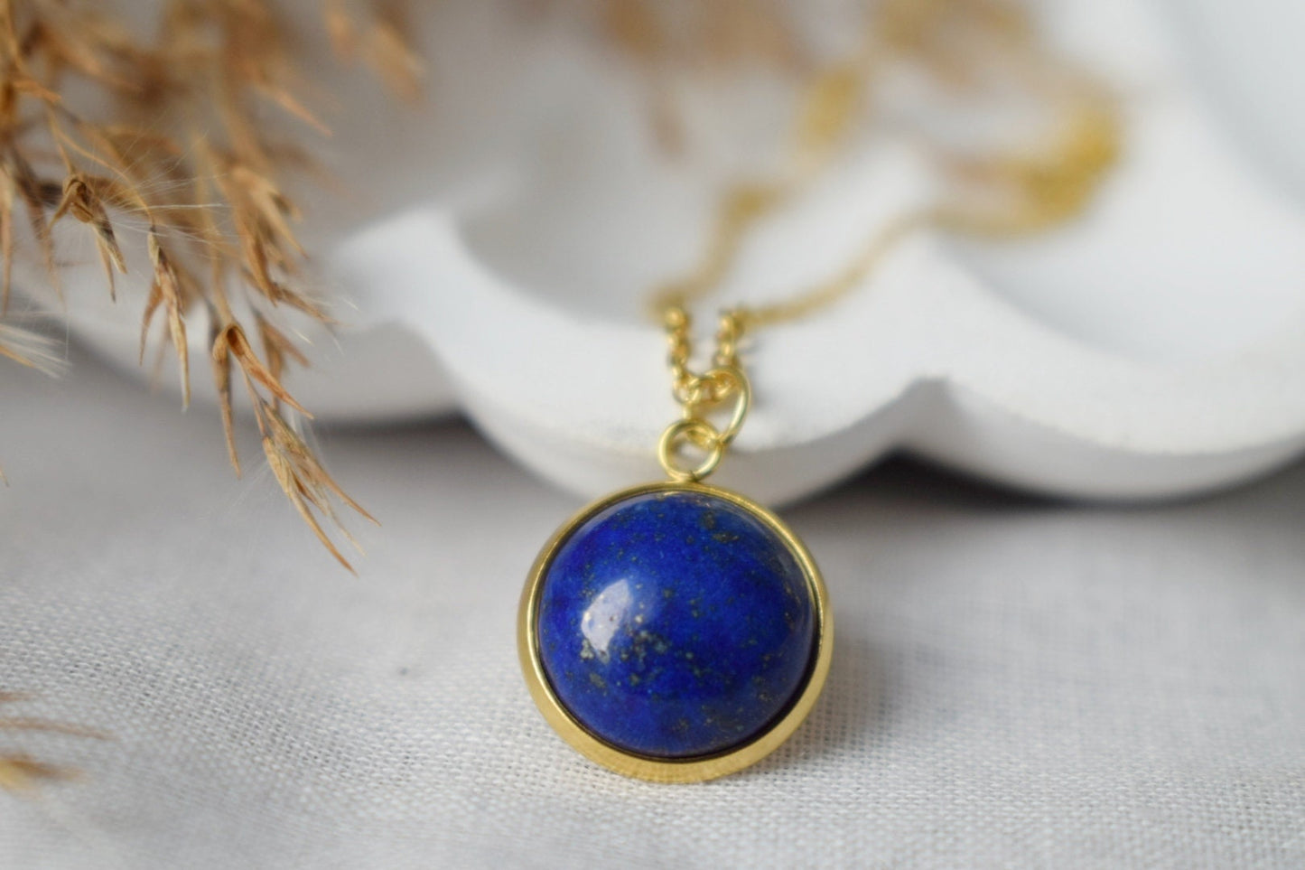 Lapis Lazuli Gold Necklace, Blue Round Gemstone Pendant, Stone, September Birthstone, Cabochon, Lapis lazuli jewelry, Birthday Gift For Her