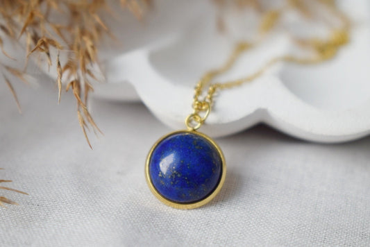 Lapis Lazuli Gold Necklace, Blue Round Gemstone Pendant, Stone, September Birthstone, Cabochon, Lapis lazuli jewelry, Birthday Gift For Her