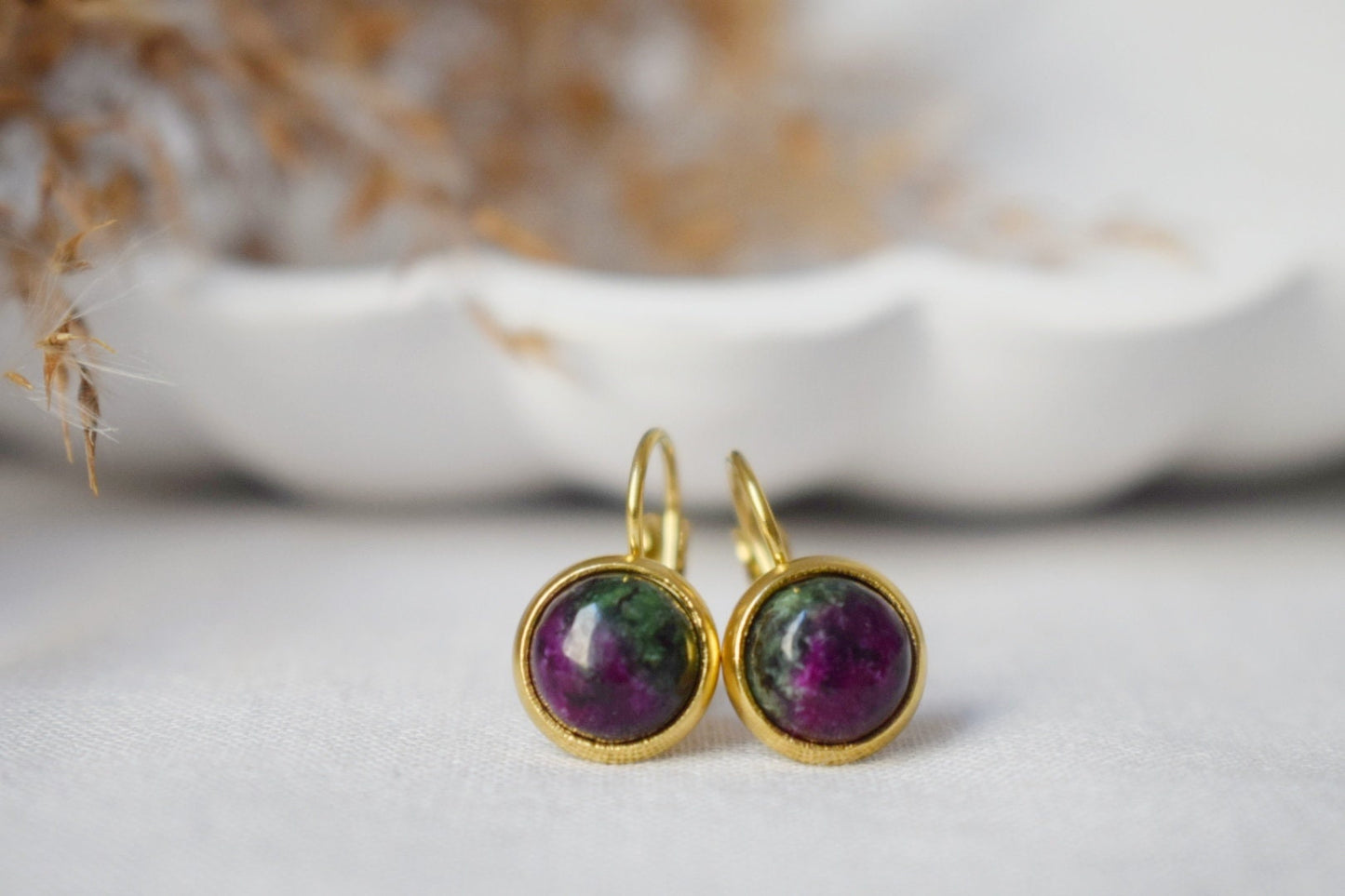 Small Ruby In Zoisite Gold Earrings, Gemstone Dangle Earrings, Lever back, Stone, Green, Pink, 8mm, Round, Ruby Fuchsite, Hanging earrings