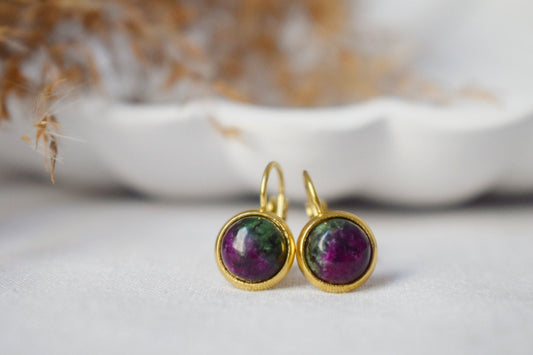 Small Ruby In Zoisite Gold Earrings, Gemstone Dangle Earrings, Lever back, Stone, Green, Pink, 8mm, Round, Ruby Fuchsite, Hanging earrings