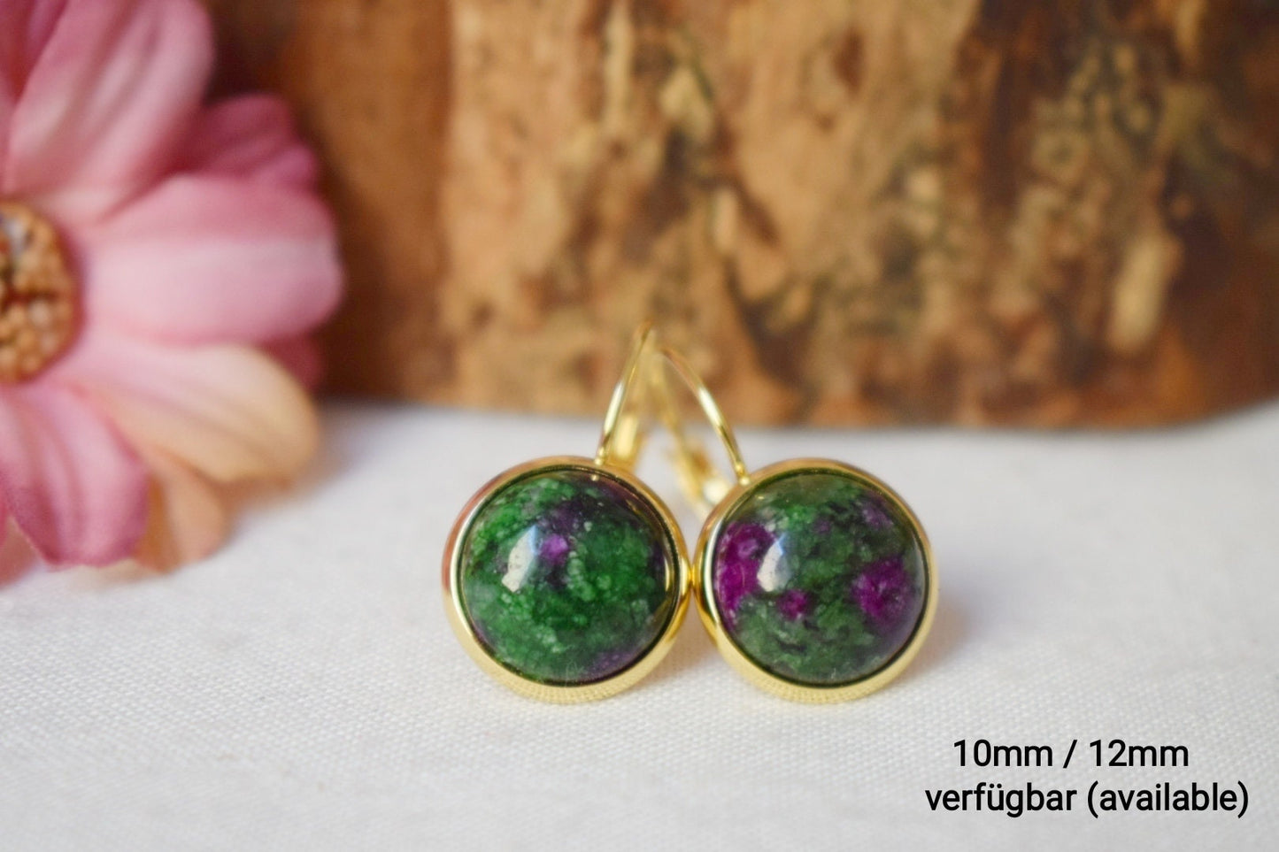 Small Ruby In Zoisite Gold Earrings, Gemstone Dangle Earrings, Lever back, Stone, Green, Pink, 8mm, Round, Ruby Fuchsite, Hanging earrings