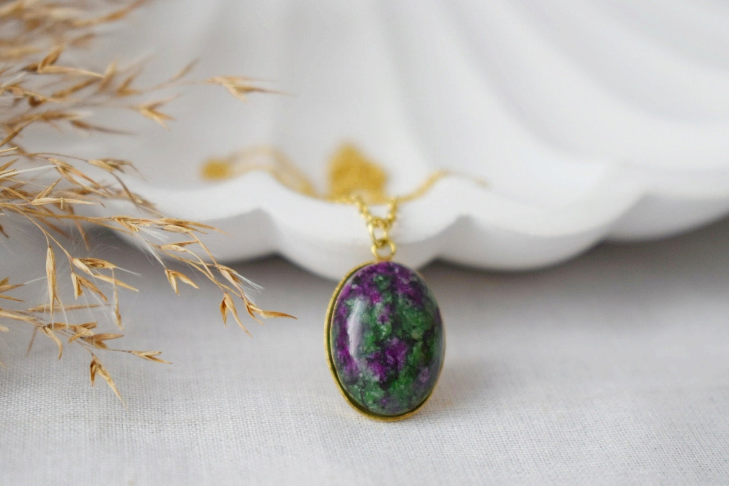 Ruby In Zoisite Gold Necklace Oval, Ruby Zoisite gemstone pendant, Green, Pink, Green stone, Ruby Fuchsite, Ruby in Zoisite Jewelry, Gift