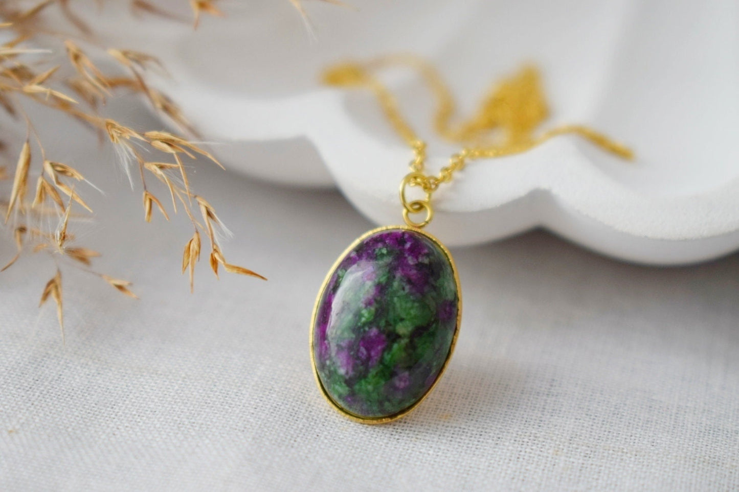Ruby In Zoisite Gold Necklace Oval, Ruby Zoisite gemstone pendant, Green, Pink, Green stone, Ruby Fuchsite, Ruby in Zoisite Jewelry, Gift