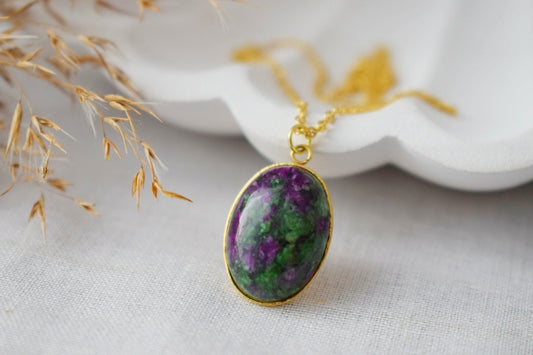 Ruby In Zoisite Gold Necklace Oval, Ruby Zoisite gemstone pendant, Green, Pink, Green stone, Ruby Fuchsite, Ruby in Zoisite Jewelry, Gift