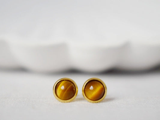 Mini Tiger Eye Stud Earrings, 18k Gold Plated Gemstone 6mm Stud Earrings, Small Brown Stone, Minimalist Tigers Eye Chakra Jewelry, Gift Her