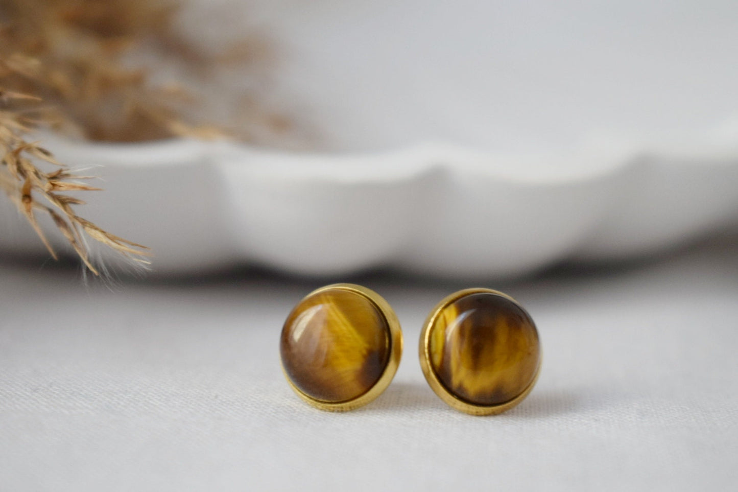 Tiger Eye Stud Earrings Gold, Gemstone 10mm Round Stud Earrings, Brown Stone, Tigers Eye, Chakra Jewelry, Push-back, Tiger's Eye Earrings