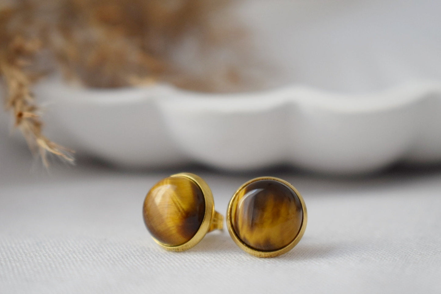 Tiger Eye Stud Earrings Gold, Gemstone 10mm Round Stud Earrings, Brown Stone, Tigers Eye, Chakra Jewelry, Push-back, Tiger's Eye Earrings