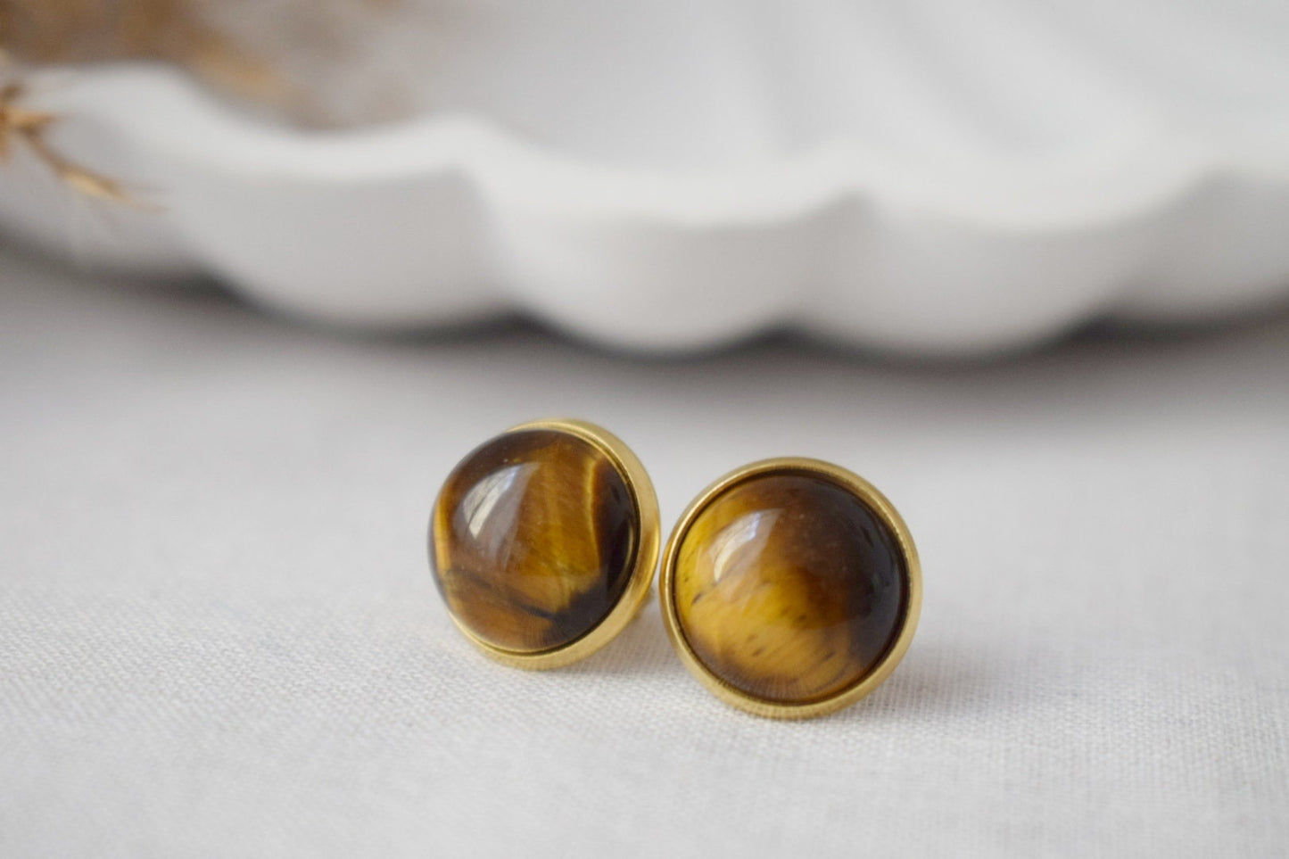 Tiger Eye Stud Earrings Gold, Gemstone 10mm Round Stud Earrings, Brown Stone, Tigers Eye, Chakra Jewelry, Push-back, Tiger's Eye Earrings
