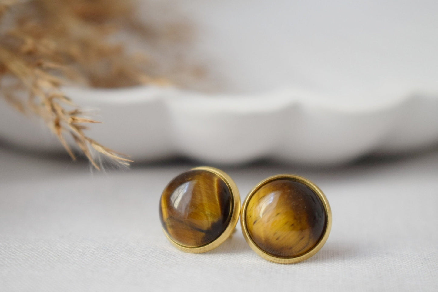Tiger Eye Stud Earrings Gold, Gemstone 10mm Round Stud Earrings, Brown Stone, Tigers Eye, Chakra Jewelry, Push-back, Tiger's Eye Earrings