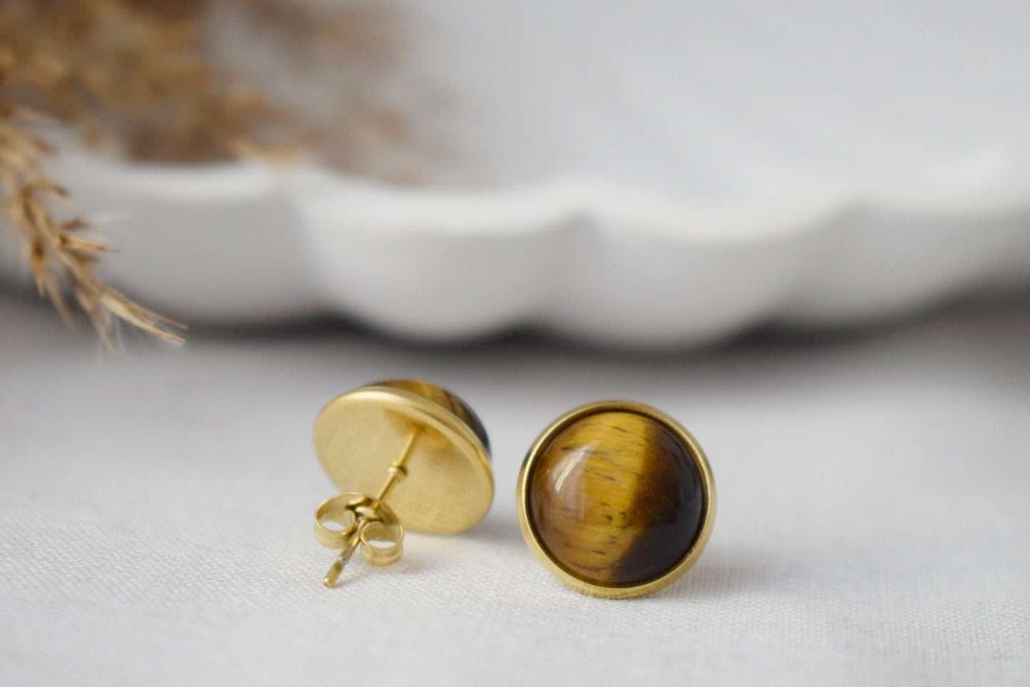 Tiger Eye Stud Earrings Gold, Gemstone 10mm Round Stud Earrings, Brown Stone, Tigers Eye, Chakra Jewelry, Push-back, Tiger's Eye Earrings