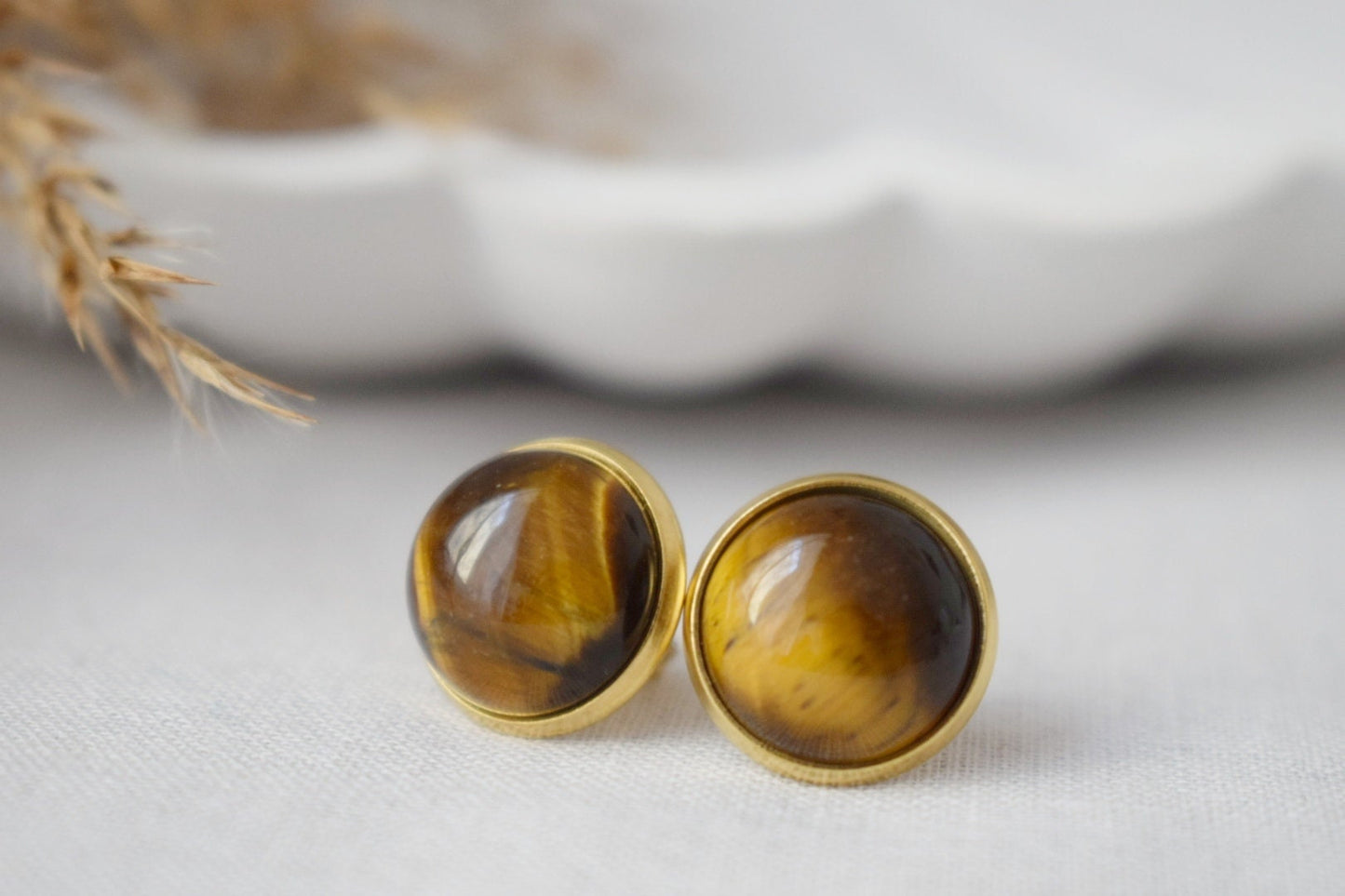 Tiger Eye Stud Earrings Gold, Gemstone 10mm Round Stud Earrings, Brown Stone, Tigers Eye, Chakra Jewelry, Push-back, Tiger's Eye Earrings
