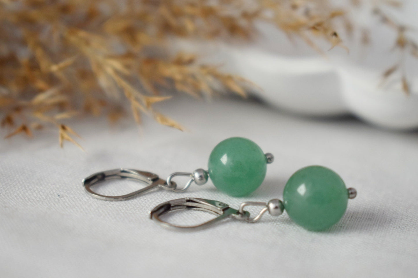 Sterling Silver Dangling Hoop Earrings with Green Gemstone Aventurine, Bead Huggies, Hanging Ball Stone Earrings, Jewelry Gift For Her