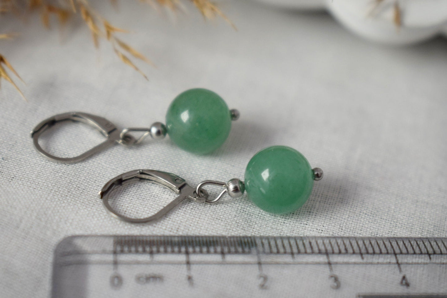 Sterling Silver Dangling Hoop Earrings with Green Gemstone Aventurine, Bead Huggies, Hanging Ball Stone Earrings, Jewelry Gift For Her