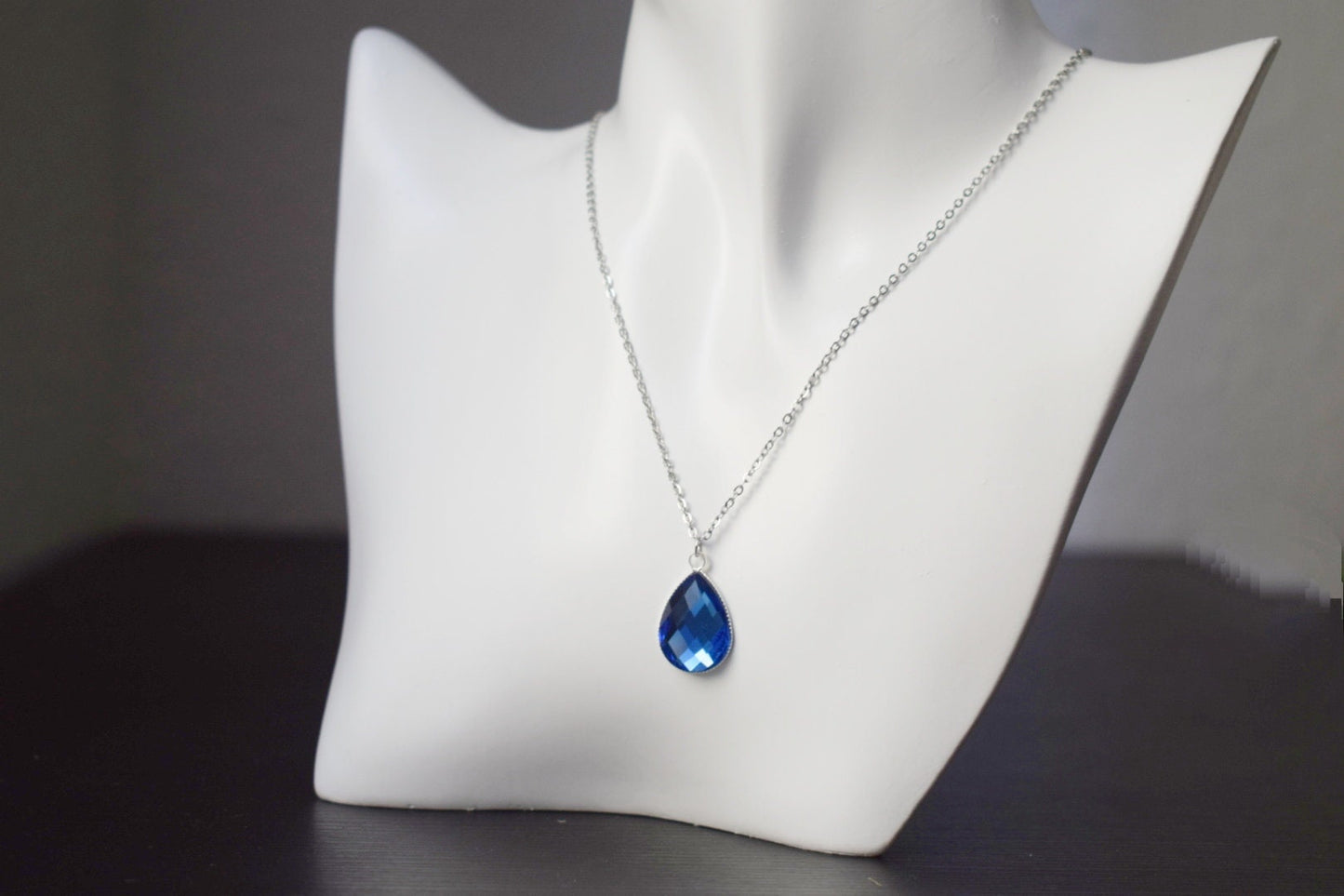Blue teardrop glass necklace, Crystal glass drop pendant necklace for women, Stainless steel, Handmade jewelry, Gift for her