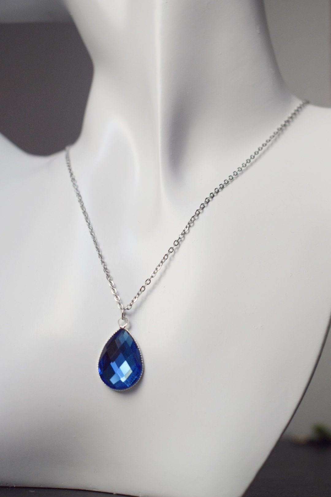 Blue teardrop glass necklace, Crystal glass drop pendant necklace for women, Stainless steel, Handmade jewelry, Gift for her