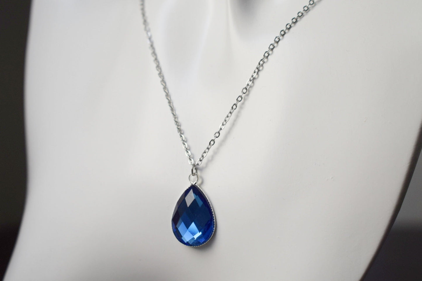 Blue teardrop glass necklace, Crystal glass drop pendant necklace for women, Stainless steel, Handmade jewelry, Gift for her