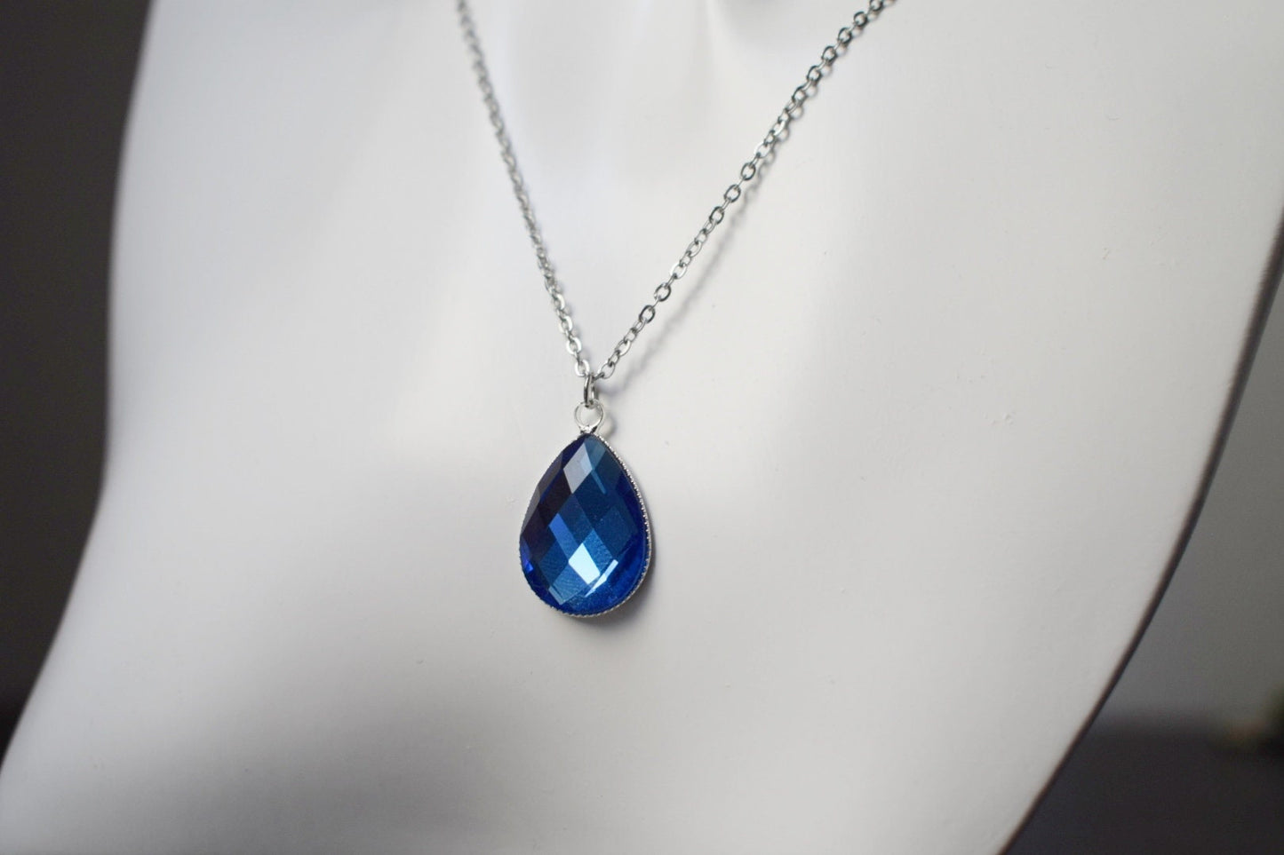 Blue teardrop glass necklace, Crystal glass drop pendant necklace for women, Stainless steel, Handmade jewelry, Gift for her