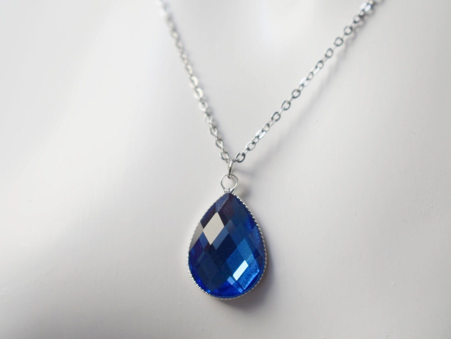 Blue teardrop glass necklace, Crystal glass drop pendant necklace for women, Stainless steel, Handmade jewelry, Gift for her