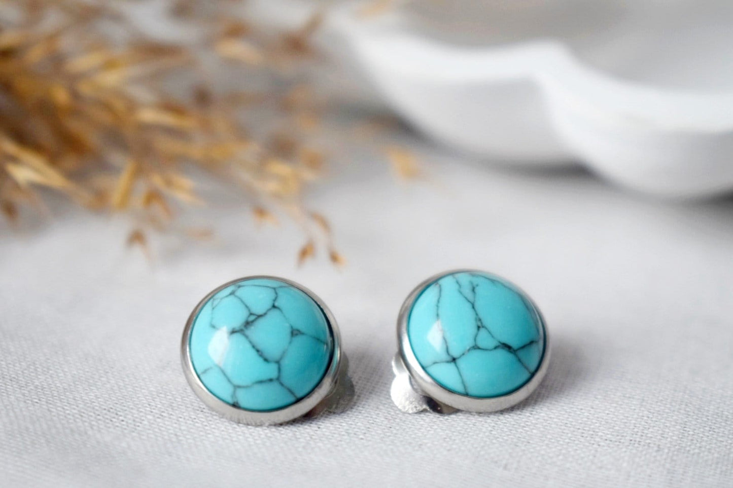 Clip on earrings turquoise, Blue gemstone ear clips for women, Surgical stainless steel non pierced earrings, Lightweight handmade jewelry