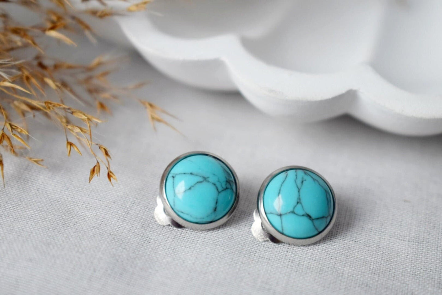 Clip on earrings turquoise, Blue gemstone ear clips for women, Surgical stainless steel non pierced earrings, Lightweight handmade jewelry