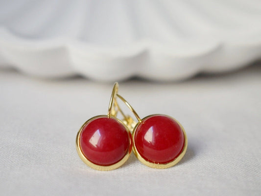 Red Jade Earrings Gold, 12mm Gemstone Dangle Earrings, Stone Hanging Earrings, Red Stone Lever Back Earrings, Jade Jewelry, Gift For Her