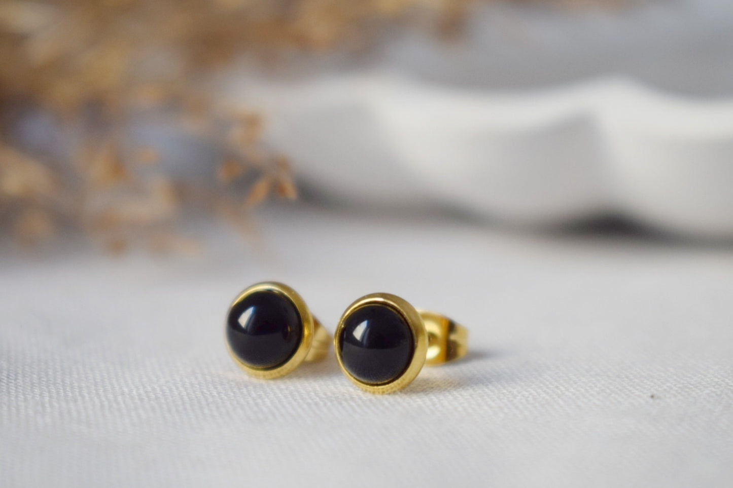 Mini Black Agate Stud Earrings Gold, 6mm Gemstone Round Earrings, Small, Minimalist, Jewelry Birthstone, Unisex Push Back Earrings, Gift