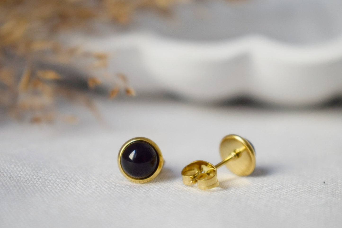 Mini Black Agate Stud Earrings Gold, 6mm Gemstone Round Earrings, Small, Minimalist, Jewelry Birthstone, Unisex Push Back Earrings, Gift