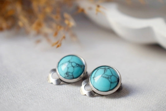 Clip on earrings turquoise, Blue gemstone ear clips for women, Surgical stainless steel non pierced earrings, Lightweight handmade jewelry