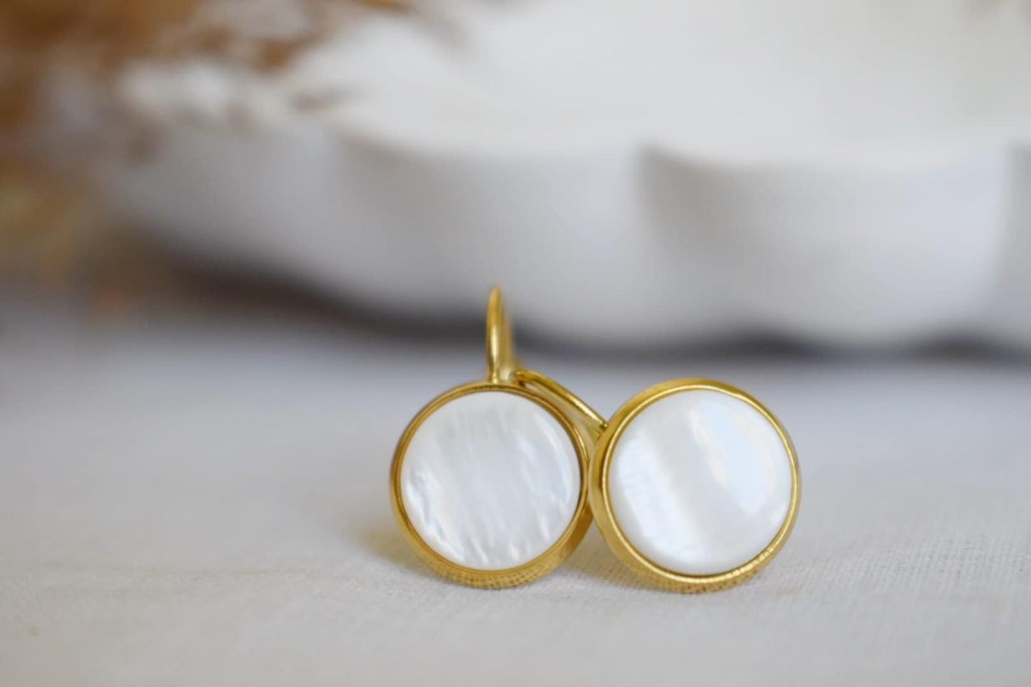 Mother of pearl earrings dangle, Gold and pearl earrings, Cabochon, 10mm, Lever back earrings, Bridesmaid, Wedding earrings, Gift for women