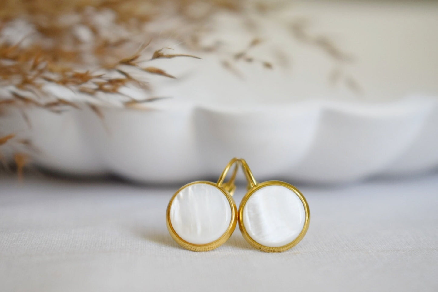 Mother of pearl earrings dangle, Gold and pearl earrings, Cabochon, 10mm, Lever back earrings, Bridesmaid, Wedding earrings, Gift for women