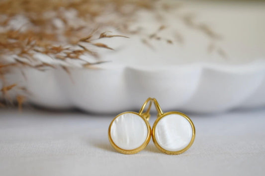 Mother of pearl earrings dangle, Gold and pearl earrings, Cabochon, 10mm, Lever back earrings, Bridesmaid, Wedding earrings, Gift for women