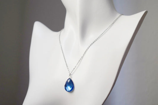 Blue teardrop glass necklace, Crystal glass drop pendant necklace for women, Stainless steel, Handmade jewelry, Gift for her