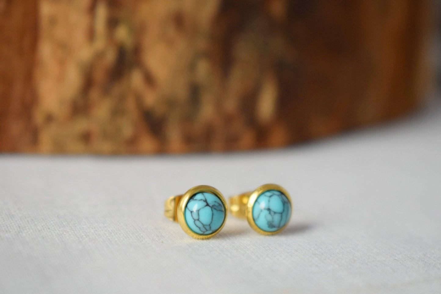 Mini turquoise stud earrings, 18k Gold plated 6mm earrings, Gemstone, Blue gold, Minimalist, Small, Post earrings for women, Gift Jewelry