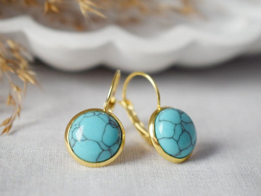 Turquoise earrings dangle, 18k gold plated stainless steel earrings, Round gemstone, Lightweight, Boho handmade jewelry, Gift For Her